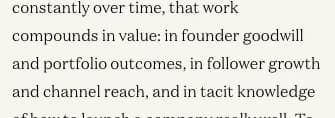 Excerpt from a16z's New Media article connecting founder goodwill and portfolio outcomes with follower growth and channel reach.