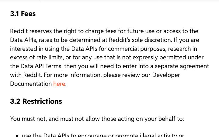 Reddit Data API Terms section 3.1 stating that commercial Data API use requires a separate agreement
