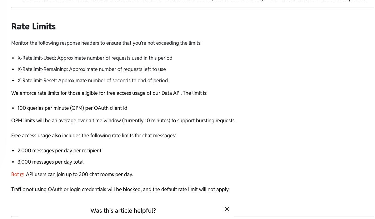 Reddit Data API Wiki showing a limit of 100 queries per minute per OAuth client ID for eligible free access