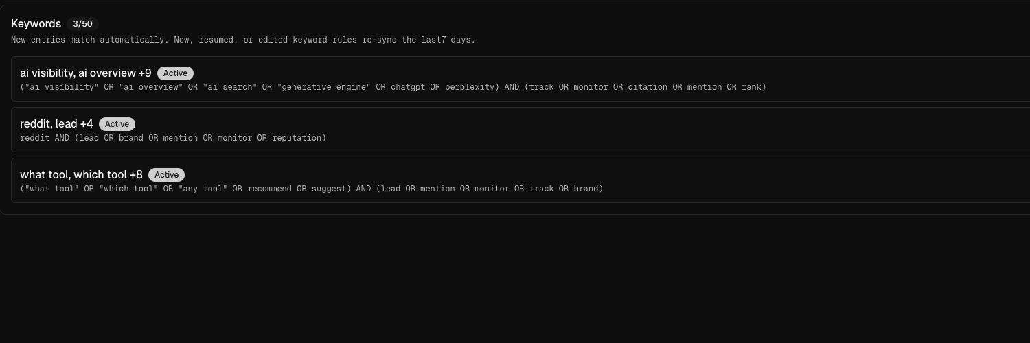Three active Grabbit keyword rules using AND and OR groups for AI visibility, Reddit monitoring, and tool-seeking conversations